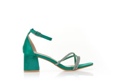 Πέδιλα πράσινα σατέν με λουράκια από στρας και τετράγωνο τελείωμα ΠΡΑΣΙΝΟ - Tsoukalas - 