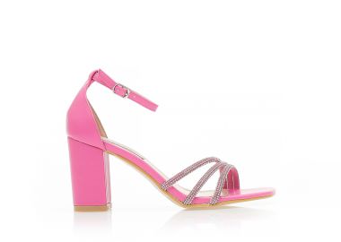 Πέδιλα ροζ δερματίνη με φάσα από λοξά λουράκια με στρας ΡΟΖ - Tsoukalas - 