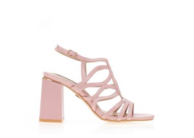 Πέδιλα ροζ δερματίνη με σχέδιο από πολλαπλά λουράκια και μεταλλική λεπτομέρεια στο τακούνι ΡΟΖ - Tsoukalas - 