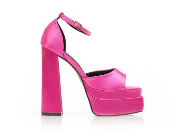 Πέδιλα ροζ σατέν δίπατα με λουράκι στον αστράγαλο και χοντρό τακούνι ΡΟΖ - Tsoukalas - 