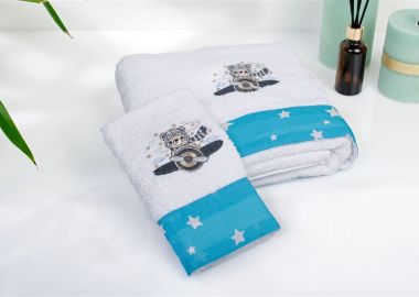 Πετσέτα Με Κέντημα Σετ 2 τεμ bebe Aviator 184 30X50,70X140 White-Sky Blue 100% Cotton - Dimcol - 