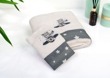 Πετσέτα Με Κέντημα Σετ 2 τεμ bebe Aviator 185 30X50,70X140 Ecru-Grey 100% Cotton - Dimcol - 