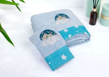 Πετσέτα Με Κέντημα Σετ 2 τεμ bebe Cloudy Bear 175 30X50,70X140 Sky Blue 100% Cotton - Dimcol - 