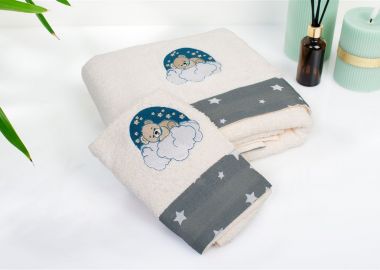 Πετσέτα Με Κέντημα Σετ 2 τεμ bebe Cloudy Bear 177 30X50,70X140 Ecru-Grey 100% Cotton - Dimcol - 