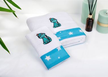 Πετσέτα Με Κέντημα Σετ 2 τεμ bebe Dinosaur 180 30X50,70X140 White-Sky Blue 100% Cotton - Dimcol - 