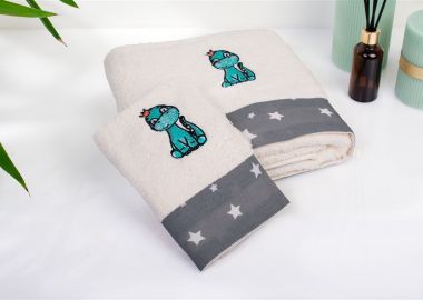 Πετσέτα Με Κέντημα Σετ 2 τεμ bebe Dinosaur 181 30X50,70X140 Ecru-Grey 100% Cotton - Dimcol - 