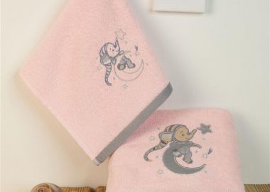 ΠΕΤΣΕΤΑ Με Κέντημα ΣΕΤ 2 τεμ bebe Dreaming Elephant 167 30X50,70X140 Ροζ 100% Cotton - Dimcol - 
