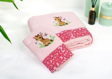 Πετσέτα Με Κέντημα Σετ 2 τεμ bebe Giraffe 171 30X50,70X140 Pink 100% Cotton - Dimcol - 