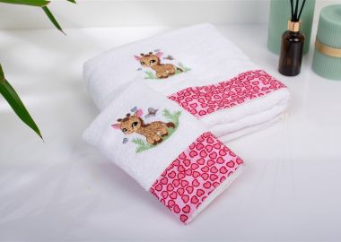 Πετσέτα Με Κέντημα Σετ 2 τεμ bebe Giraffe 172 30X50,70X140 White-Pink 100% Cotton - Dimcol - 