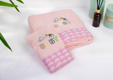 Πετσέτα Με Κέντημα Σετ 2 τεμ bebe Stork 192 30X50,70X140 Pink 100% Cotton - Dimcol - 