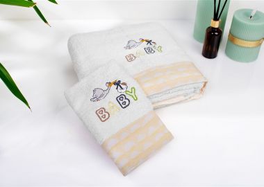 Πετσέτα Με Κέντημα Σετ 2 τεμ bebe Stork 193 30X50,70X140 White-Yellow 100% Cotton - Dimcol - 