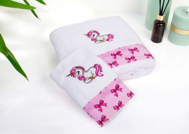 Πετσέτα Με Κέντημα Σετ 2 τεμ bebe Unicorn 188 30X50,70X140 White-Pink 100% Cotton - Dimcol - 