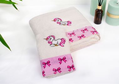 Πετσέτα Με Κέντημα Σετ 2 τεμ bebe Unicorn 189 30X50,70X140 Ecru-Pink 100% Cotton - Dimcol - 