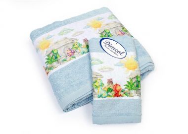 Πετσέτα Σετ 2 τεμ Με Ψηφιακή Εκτύπωση bebe Dinosaurs 310 30X50,70X140 Sky Blue 100% Cotton - Dimcol - 