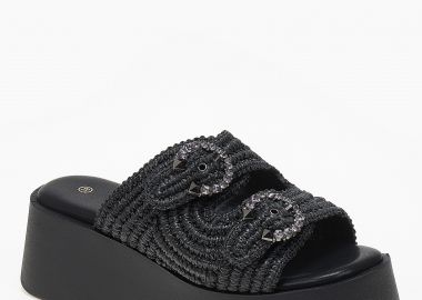 Πλατφόρμες με ψάθινο σχέδιο και ρυθμιζόμενα ζωνάκια - Μαύρο - Issue - 