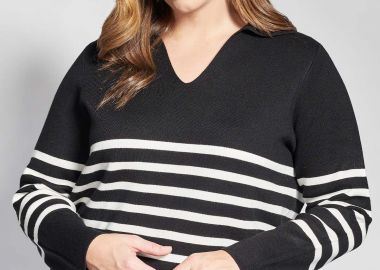 Πλεκτή ριγέ μπλούζα με polo γιακά -  - 