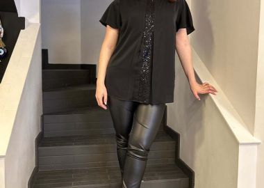 POLINA γυναικεία bigsize κοντομάνικη μπλούζα με παγιετα στη μεση - SOU - 