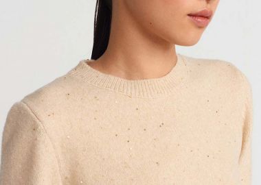 POPI γυναικεία πλεκτή μπλούζα κοντομάνικη με μικρές παγιετες μπεζ - SOU - 