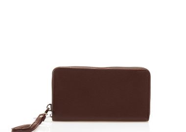 Πορτοφόλι καφέ δερματίνη με διπλό φερμουάρ και λουράκι ΚΑΦΕ - Tsoukalas - 