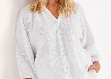 Πουκάμισο γκοφρέ με δαντέλα σε λευκό χρώμα plus size -  - 