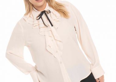 Πουκάμισο plus size με βολάν στο γιακά και φιόγκο σε άμμος χρώμα -  - 