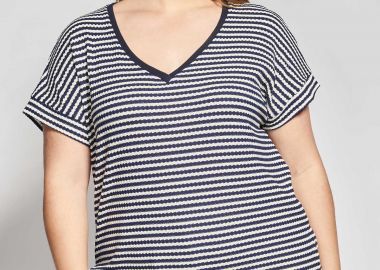 PRBT Πλεκτή Ριγέ Μπλούζα Ριπ με V -  - 