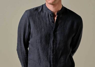 Profuomo ανδρικό λινό πουκάμισο μάο μονόχρωμο Slim Fit - PPWH10025B Σκούρο Μπλε - PROFUOMO - 