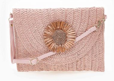 Ψάθινο χιαστί τσαντάκι με διακοσμητικό λουλούδι - Ροζ - Issue - 