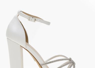 Ψηλά πέδιλα με χοντρό τακούνι, κλειστή φτέρνα και στρας - Λευκό - Issue - 