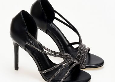 Ψηλά πέδιλα με λεπτό τακούνι, κλειστή φτέρνα και στρας - Μαύρο - Issue - 