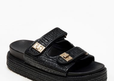 Ψηλά σανδάλια flatform με σχέδιο ψάθας - Μαύρο - Issue - 