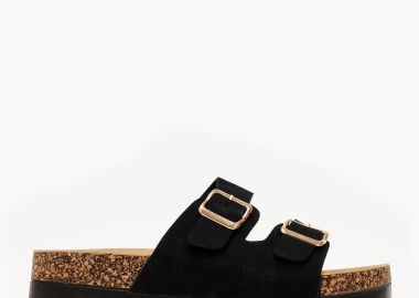 Ψηλά σανδάλια flatform με suede υφή και αγκράφες - Μαύρο - Issue - 