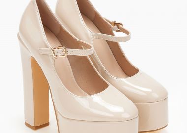 Ψηλές Mary Jane γόβες με φιάπα και χοντρό τακούνι - Μπεζ - Issue - 