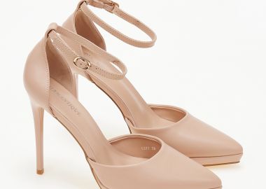 Ψηλές μυτερές γόβες με λεπτό τακούνι και μπαρέτα - Μπεζ - Issue - 