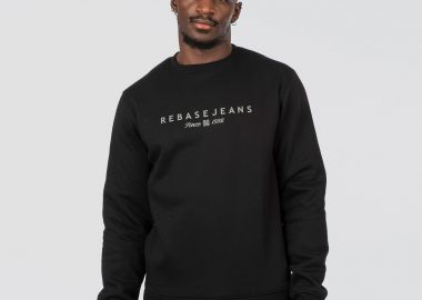 REBASE THIN HIGH DENSITY PRINT BRUSHED FLEECE CREWNECK TOP ΜΑΥΡΟ - REBASE - 