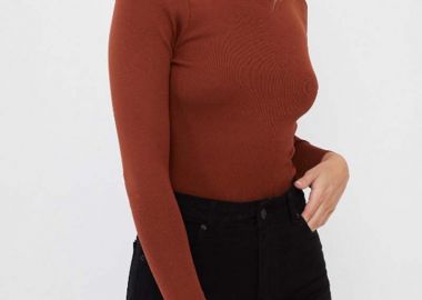 Reele γυναικεία μπλούζα ριμπ μακρυμάνικη καφέ - SOU - 