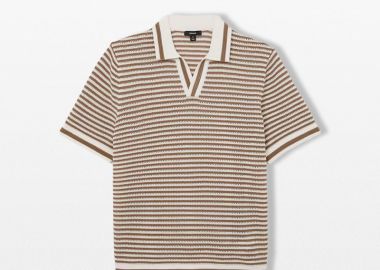 REISS Ανδρικό Καφέ Stripe Open-Collar Polo Shirt - REISS - 
