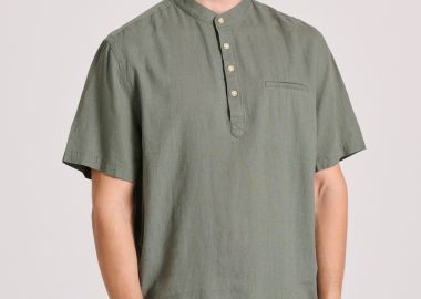 Relaxed fit linen blend κοντομάνικη πουκαμίσα με λαιμό mao - FUNKY BUDDHA - 