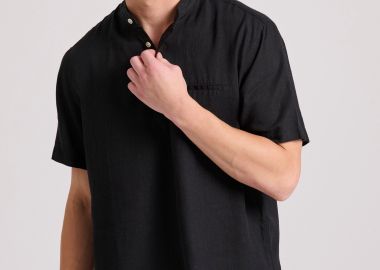 Relaxed fit linen blend κοντομάνικη πουκαμίσα με λαιμό mao - FUNKY BUDDHA - 