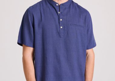 Relaxed fit linen blend κοντομάνικη πουκαμίσα με λαιμό mao - FUNKY BUDDHA - 