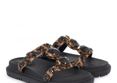 RENATO GARINI Γυναικεία Παντόφλες FLATS 700-824 Λεοπάρ Μαύρο Στράς U470082425C9 - Renato Garini - 