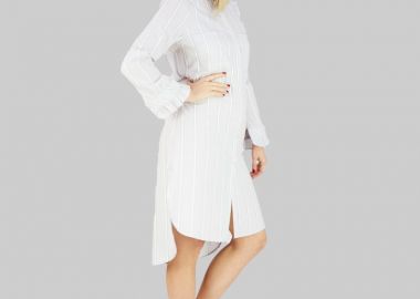 Ριγέ γυναικείο φόρεμα με βολάν στο λαιμό και στα μανίκια - SOU - 