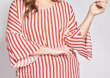 Ριγέ μπλούζα ποπλίνα με βολάν στα μανίκια -  - 