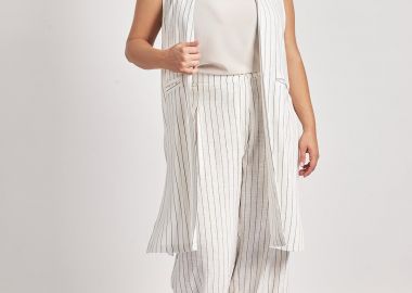 Ριγέ παντελόνι σύμμεικτο λινό wide leg -  - 