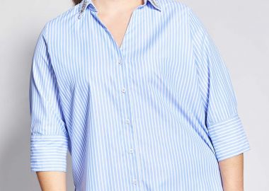 Ριγέ πουκάμισο ποπλίνα με στρας στον γιακά -  - 