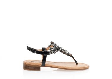 Σανδάλα μαύρα δερματίνη με διακοσμητικές πέτρες και στρας ΜΑΥΡΟ - Tsoukalas - 