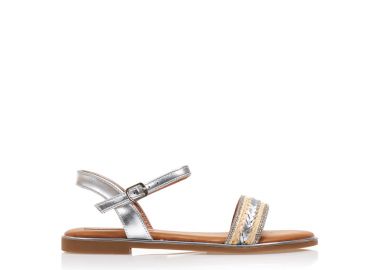 Σανδάλια ασημί δερματίνη με σχέδιο πλεξούδα και στρας ΑΣΗΜΙ - Tsoukalas - 