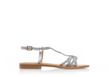 Σανδάλια ασημί υφασμάτινα με πλέξη και λουράκι στον αστράγαλο ΑΣΗΜΙ - Tsoukalas - 