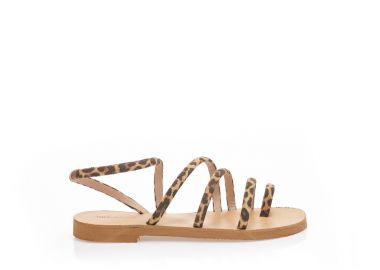 Σανδάλια χειροποίητα animal print δερματίνη με σουέτ λουράκια και σχέδιο δαχτυλίδι με μπεζ πάτο ΜΠΕΖ - Tsoukalas - 