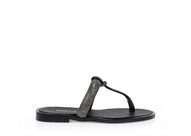 Σανδάλια χειροποίητα ανθρακί δερματίνη με διχάλα και φάσα από στρας ΑΤΣΑΛΙ - Tsoukalas - 